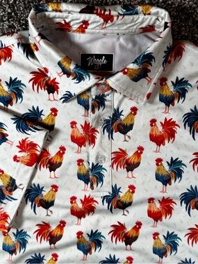 Waggle Golf Polo Mens Small Cocky Rooster All Over Print Stretch Short Sleeve